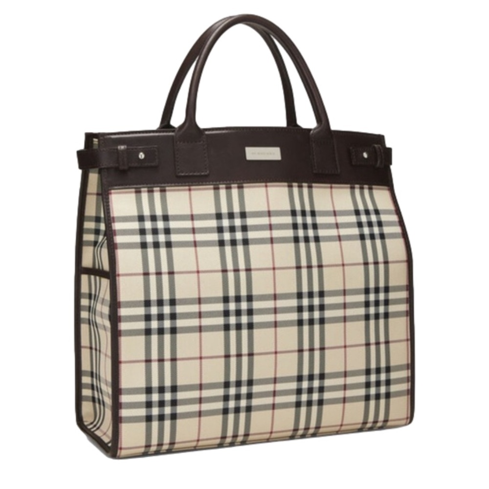 New! BURBERRY Brown House Check Canvas Tote, Iconic Plaid with Leather Handles